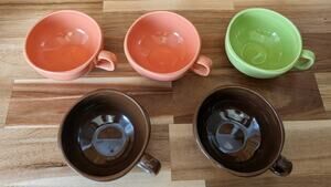 Set of 5 Ceramic Wide Soup Mugs Bowls with Handles -Pink, Green, Brown Stoneware